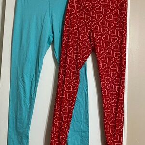 Heart Patterned Red and Solid Blue Kids Leggings